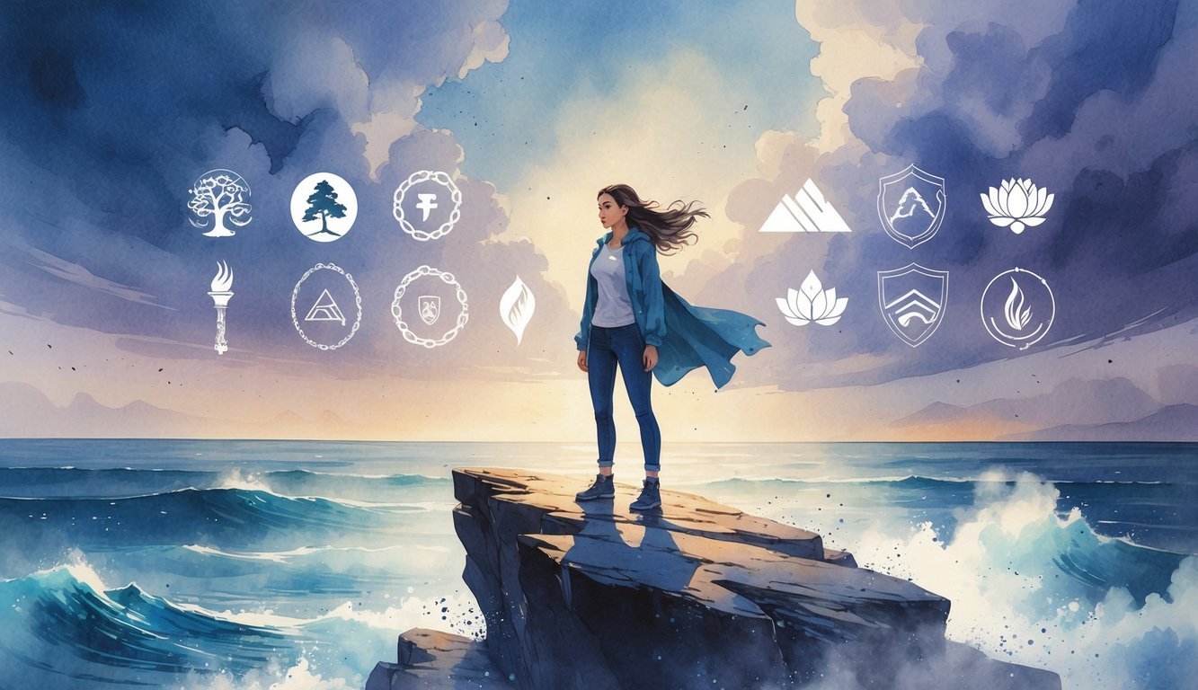A woman stands confidently on a rocky cliff overlooking a stormy ocean, surrounded by subtle symbols of strength and resilience in the sky and water.