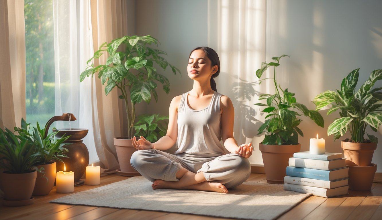 A person sitting cross-legged on a cushion in a sunlit room surrounded by plants, candles, and a small water fountain, meditating peacefully.