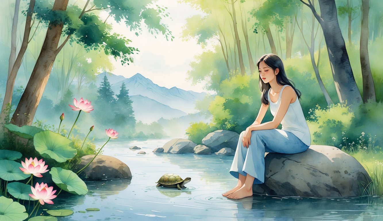 A young woman sitting peacefully on a rock by a river surrounded by trees, flowers, and mountains in the background.