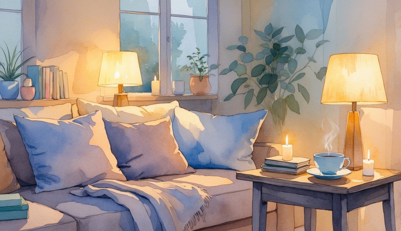 A cozy living room softly lit by lamps and candles, with cushions, a plant, books, and a cup of tea on a wooden table creating a peaceful atmosphere.