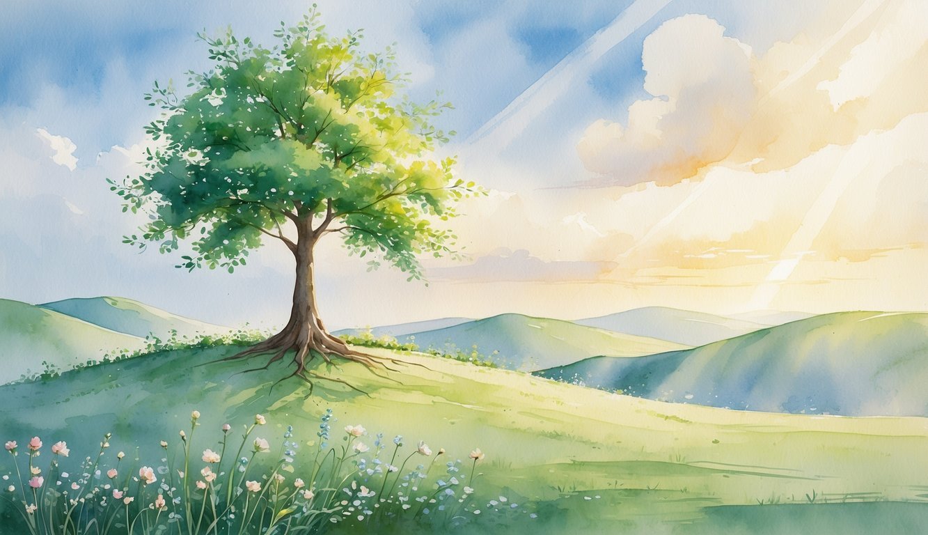 A sturdy tree on a hill surrounded by wildflowers under a calm sky with sunlight breaking through clouds.