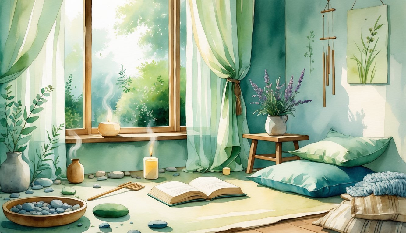 A peaceful indoor scene showing a cozy living space with a zen garden, steaming tea, a candle, fresh flowers, a window overlooking a garden, a floor cushion with a blanket, wind chimes, and nature-inspired artwork.