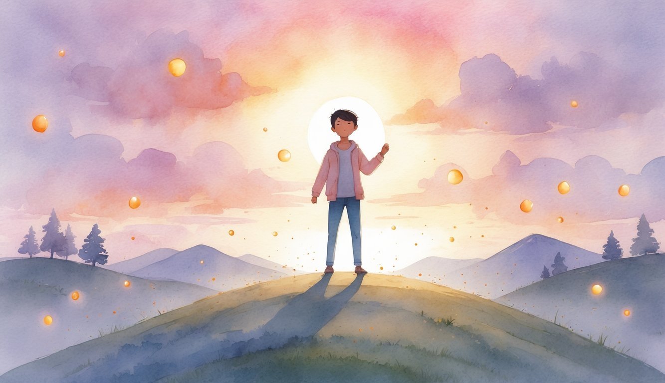 A person standing on a hill at sunrise with nine glowing orbs floating around them, surrounded by mountains and trees.