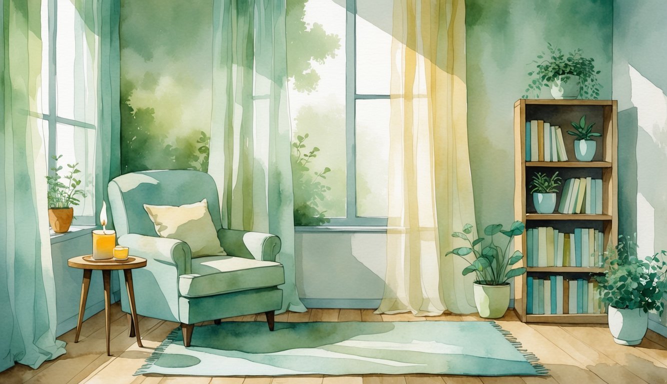 A cozy, clutter-free indoor corner with a cushioned armchair, small wooden table with a cup and candle, a bookshelf with plants, and soft natural light coming through sheer curtains.