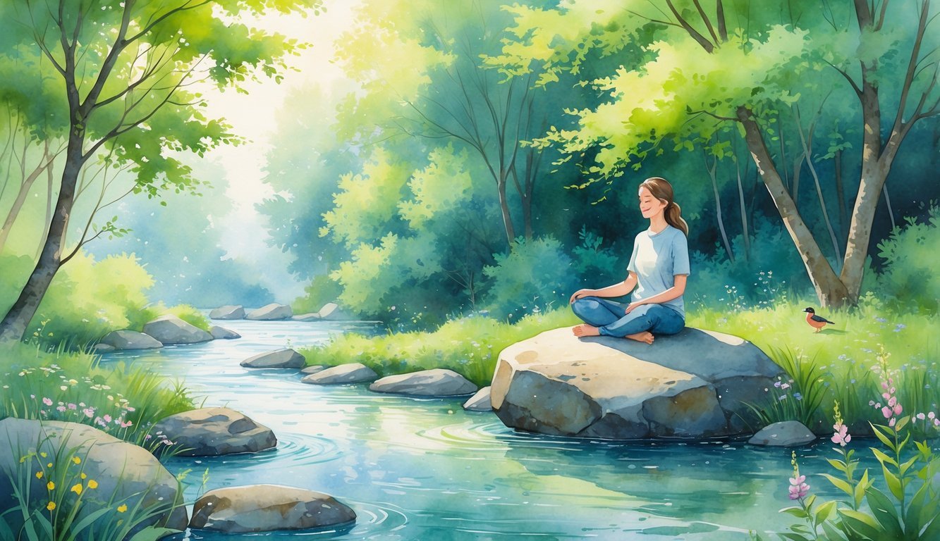 A person sitting peacefully by a river surrounded by trees and flowers, with a bird nearby.