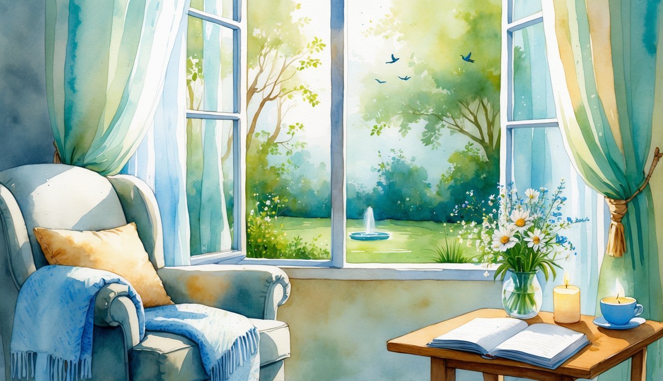 A cozy home interior with soft natural light, a comfortable armchair, a wooden table with a cup of tea and flowers, an open window showing a garden with trees and birds, and peaceful decorative elements.
