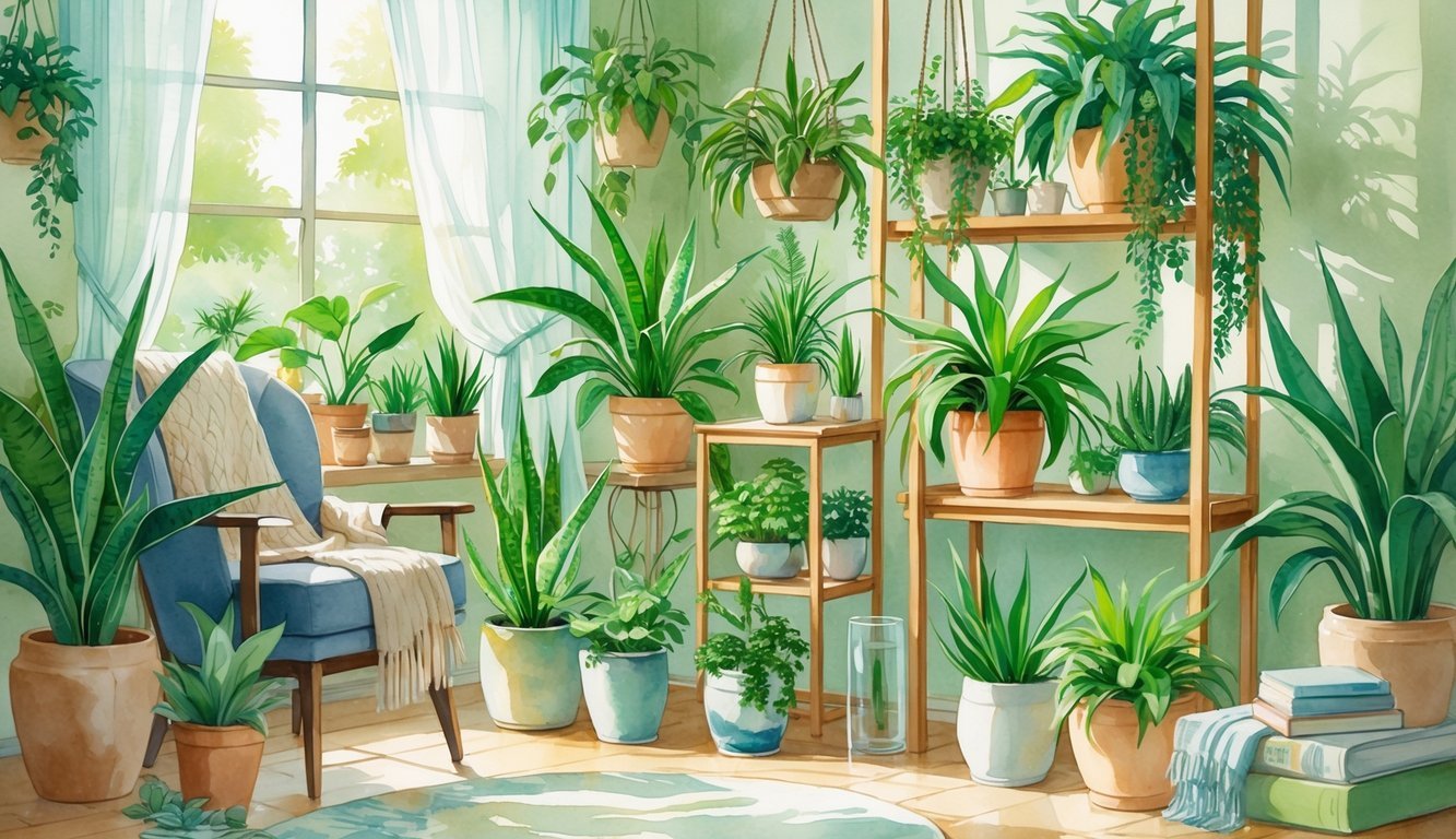 A peaceful indoor corner filled with green houseplants near a sunlit window, featuring a cozy armchair, wooden shelves, and calming decor.