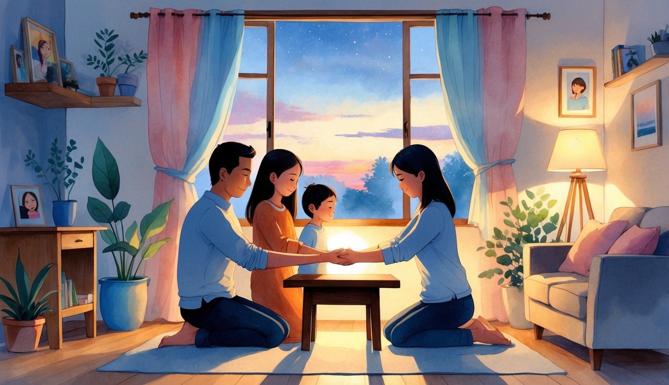 A family of four holding hands in a circle around a table in a cozy living room during evening, sharing a quiet moment together.