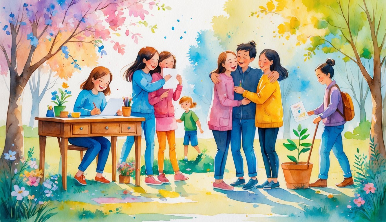 A scene showing eight people performing kind actions like writing a note, hugging, giving a drawing, planting a tree, helping carry groceries, laughing together, cleaning up litter, and playing music in a sunny park.