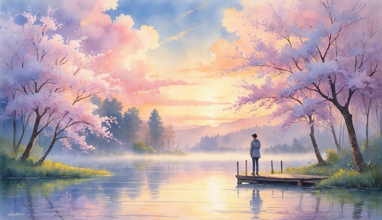 A person standing on a dock by a calm lake at sunrise, surrounded by blooming cherry blossom trees and soft morning light.