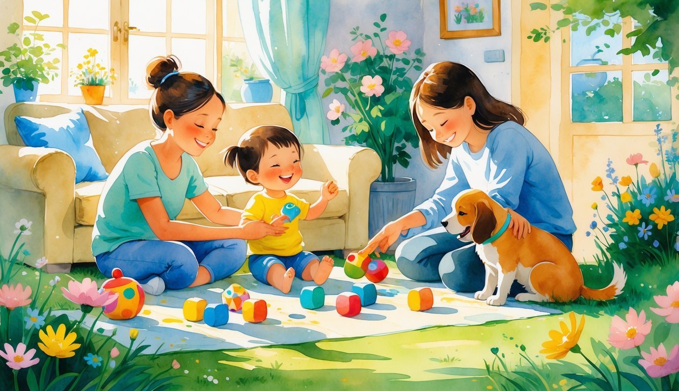 A person babysitting a child indoors and another person petting a dog outdoors in a bright, friendly neighborhood setting.
