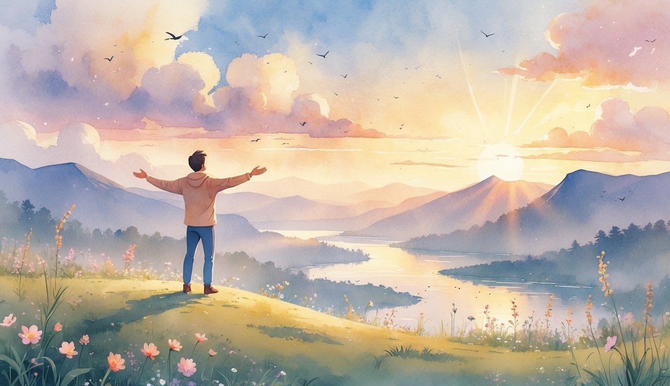 A person standing on a hilltop at sunrise with arms outstretched, surrounded by wildflowers, mountains, and a calm river.