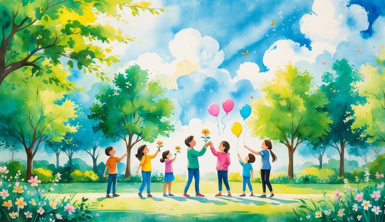 People sharing flowers, releasing balloons, and feeding birds in a sunny park surrounded by trees and flowers.