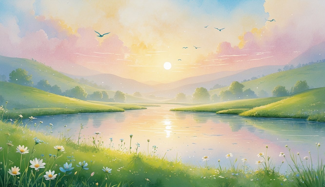 A peaceful sunrise over rolling hills with a calm river, wildflowers, and birds flying in the sky.