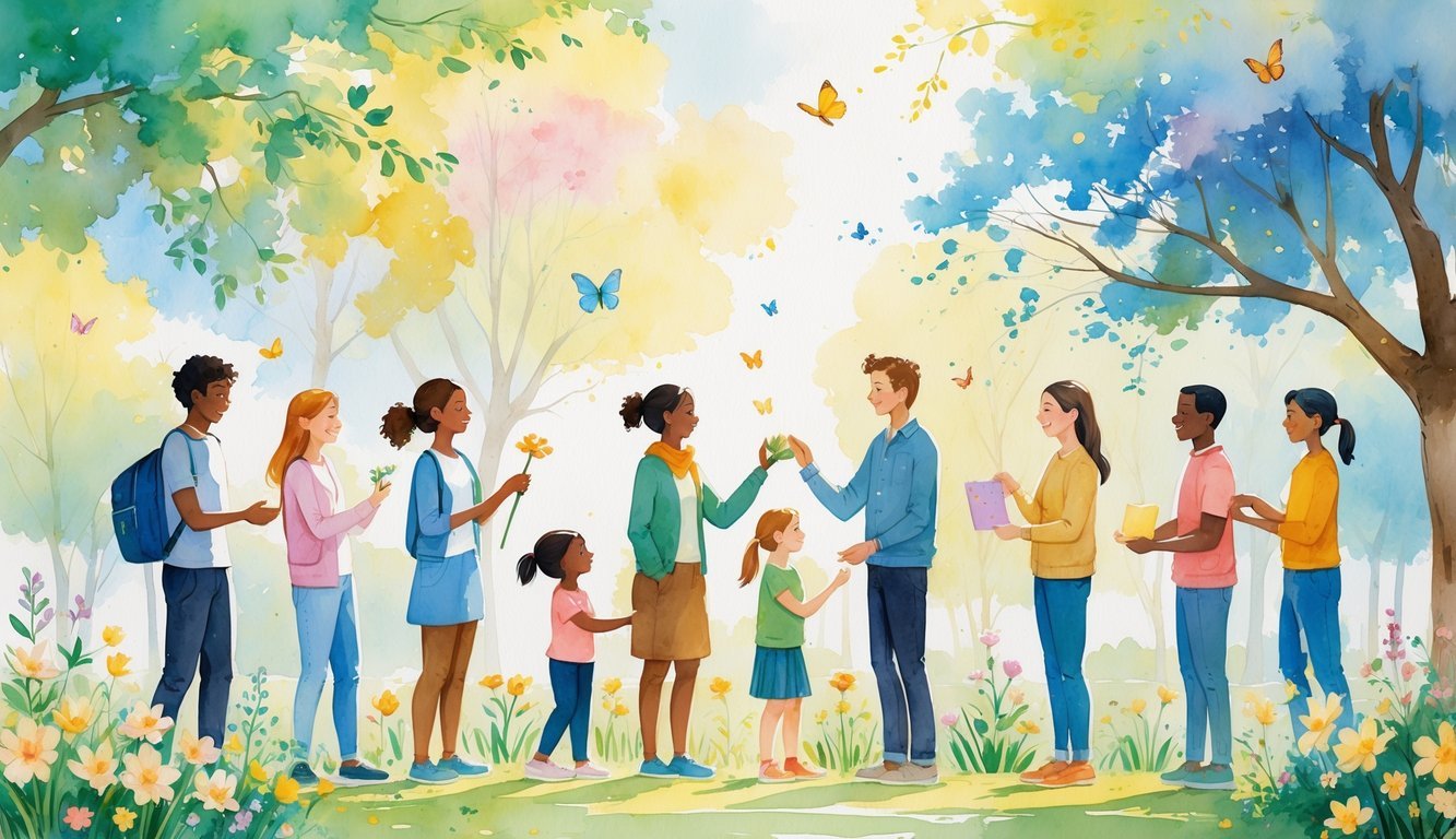 Eight people in a sunny park exchanging kind gestures and smiles, surrounded by flowers and trees.