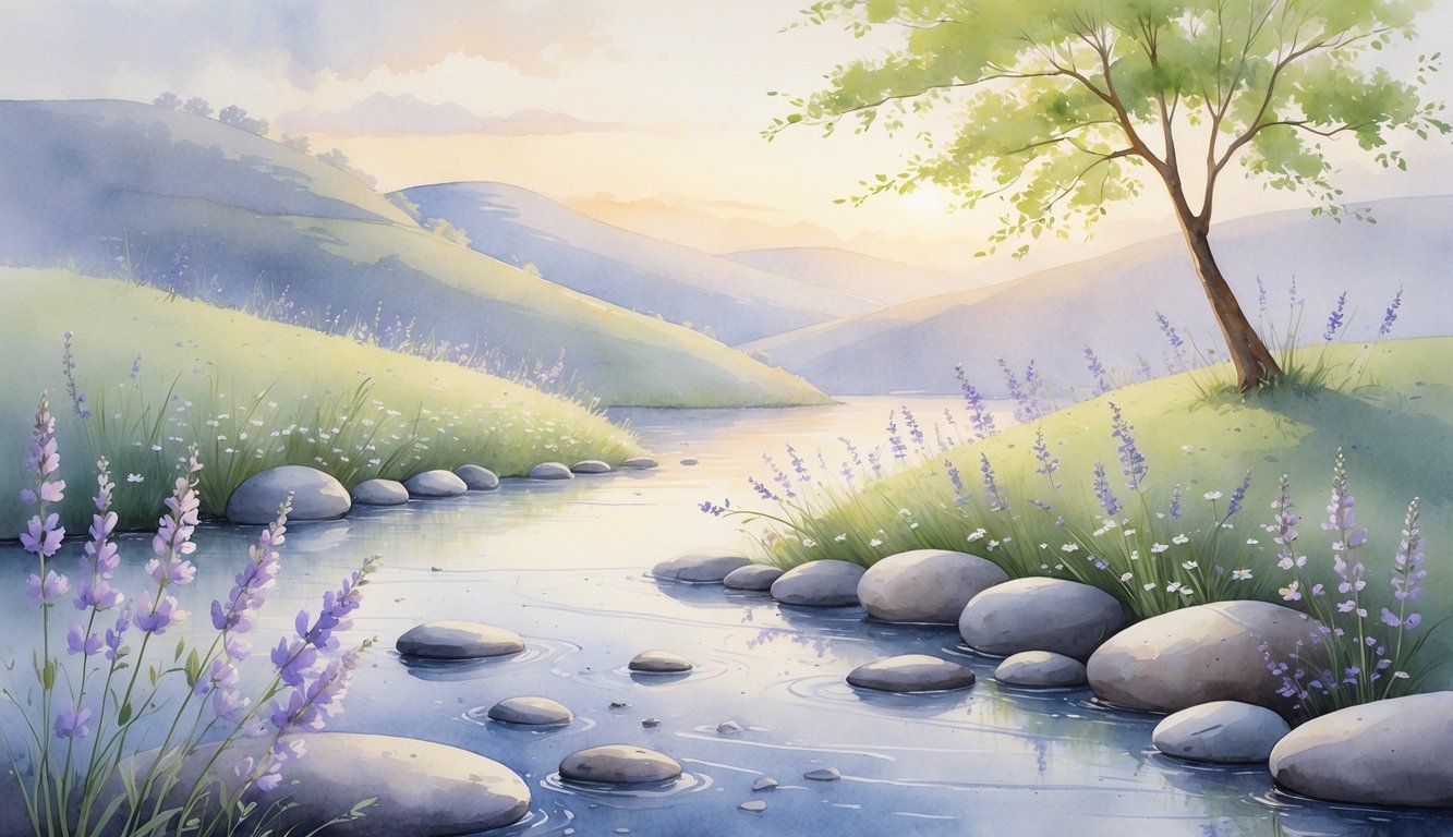 A peaceful scene with a flowing stream, blooming flowers, a sturdy tree, and rolling hills under a calm sky at dawn.
