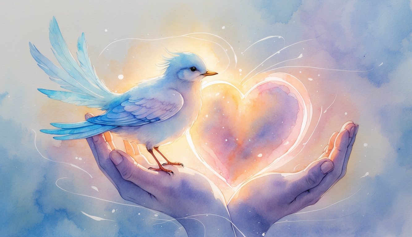 A gentle bird perched inside a glowing human chest silhouette, surrounded by soft swirling colors suggesting calm and hope.
