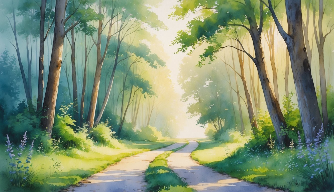 A winding forest path surrounded by tall trees, wildflowers, and soft sunlight filtering through the leaves.