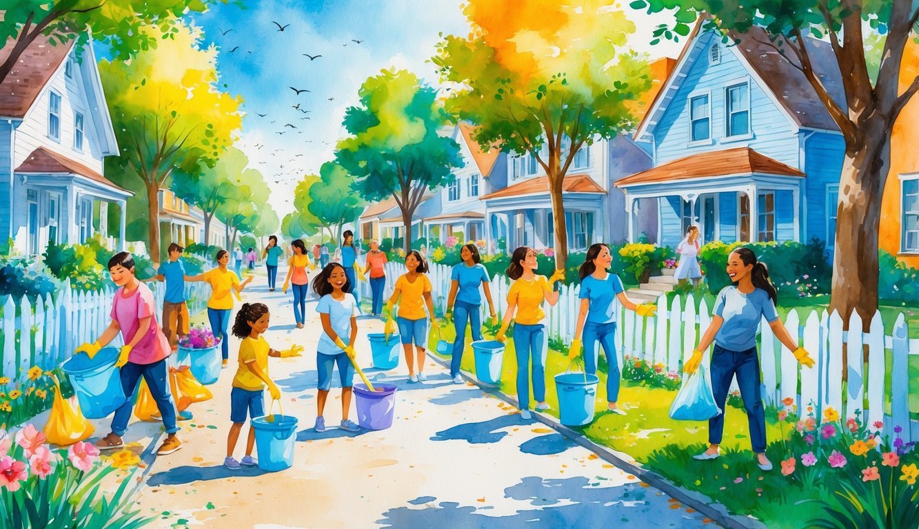 A group of neighbors cleaning up a street together, planting flowers and picking up litter on a sunny day.
