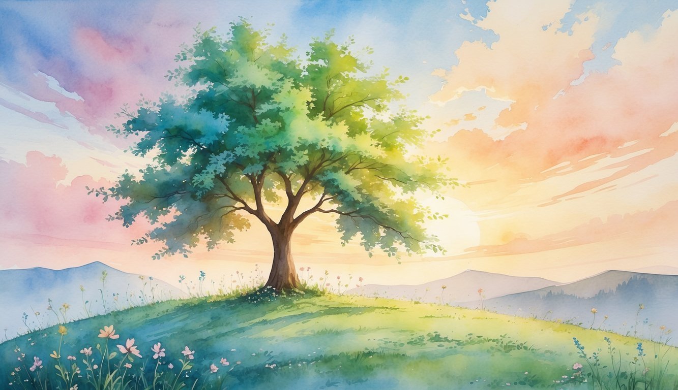 A tall tree with green leaves on a hill surrounded by wildflowers under a colorful sunrise sky with distant mountains in the background.