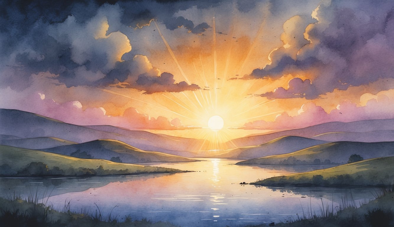A sunrise over rolling hills and a calm river, with warm light breaking through dark clouds.