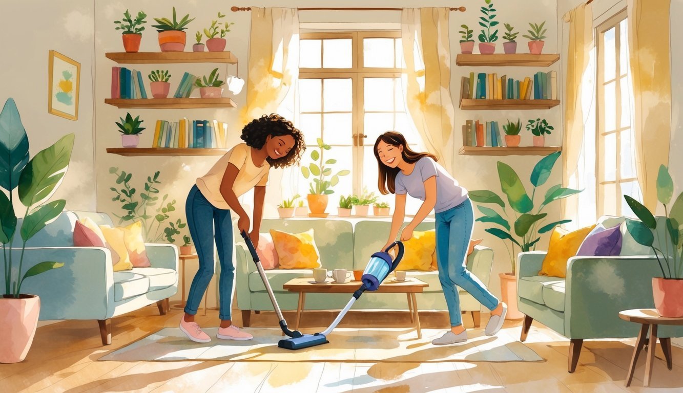 Two friends happily helping each other with household chores in a cozy living room filled with plants and sunlight.