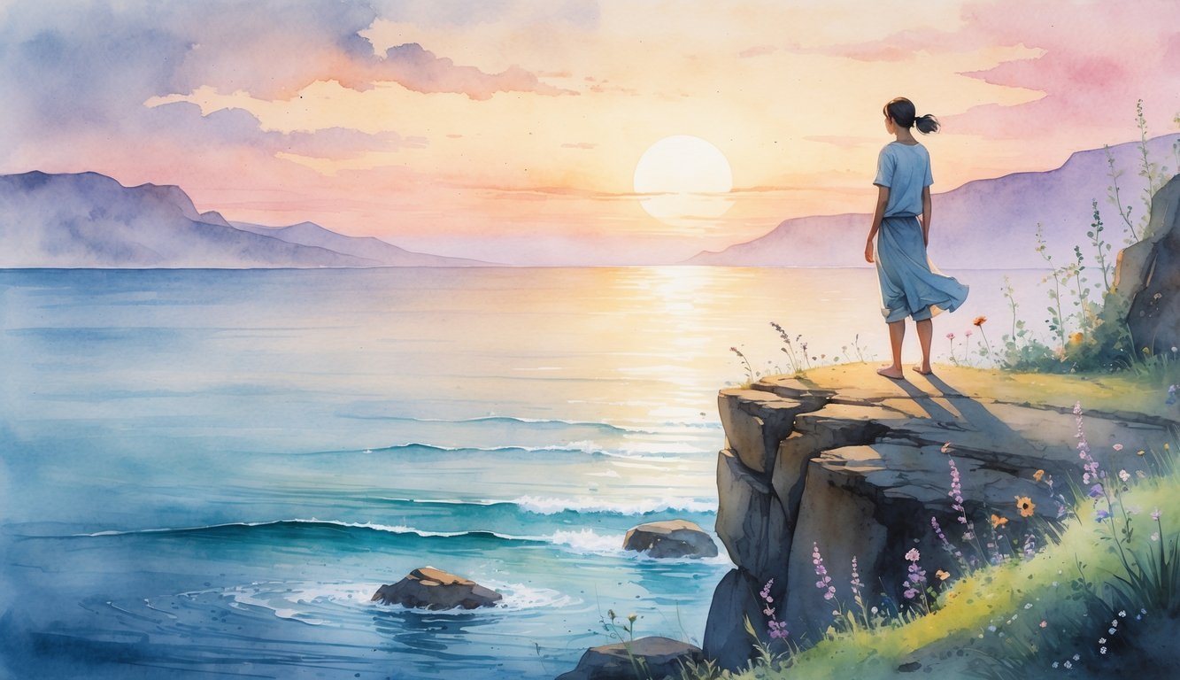 A person standing on a rocky cliff overlooking a calm ocean at sunrise, surrounded by wildflowers and distant mountains.