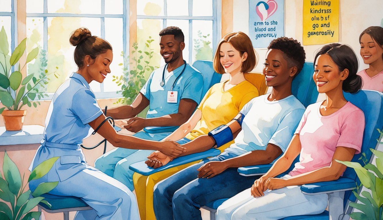 A group of people donating blood at a local center, with a nurse assisting and others waiting calmly, surrounded by plants and soft natural light.