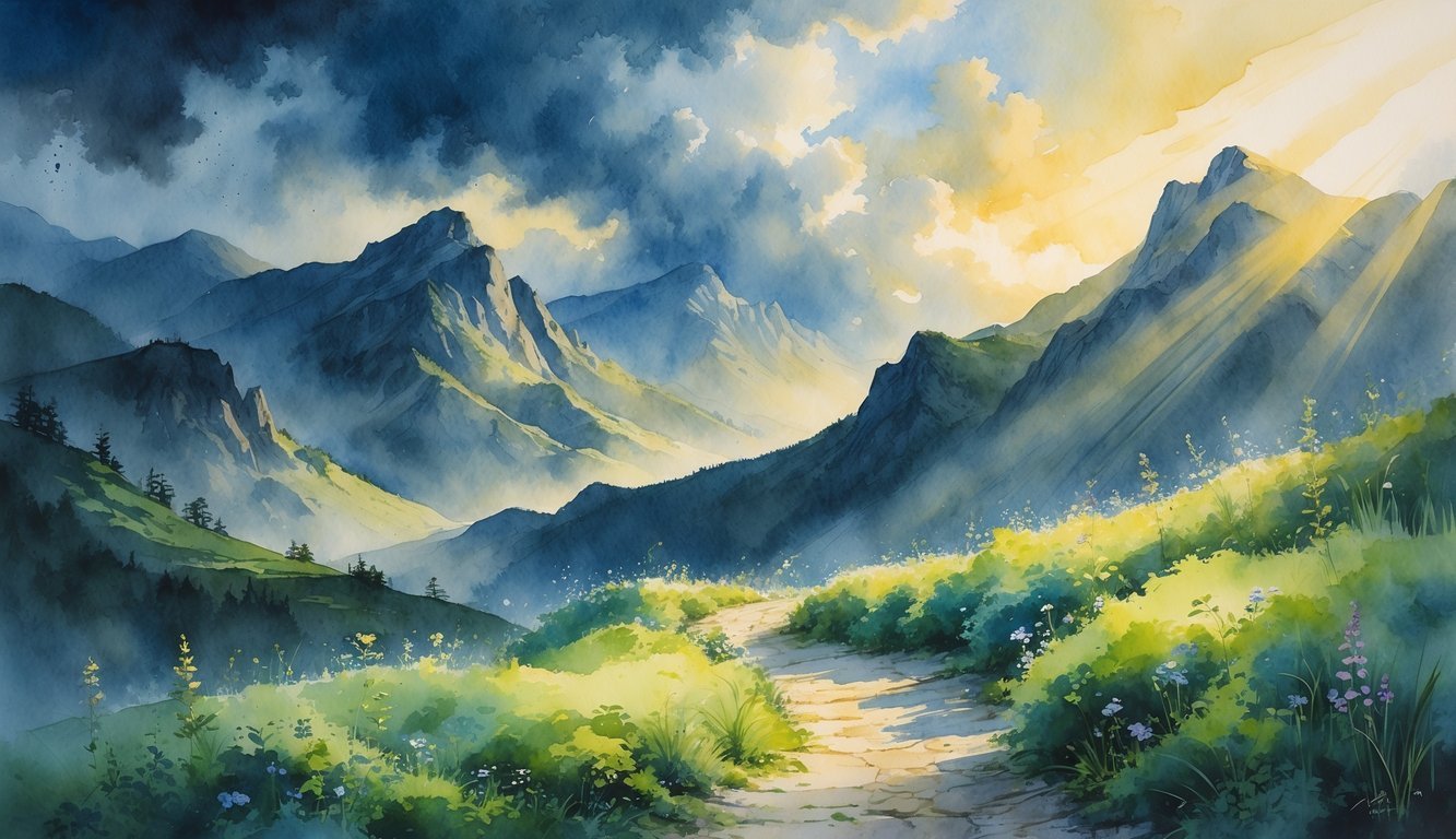 A sunrise breaking through dark clouds over mountains with a winding path through green plants and flowers.
