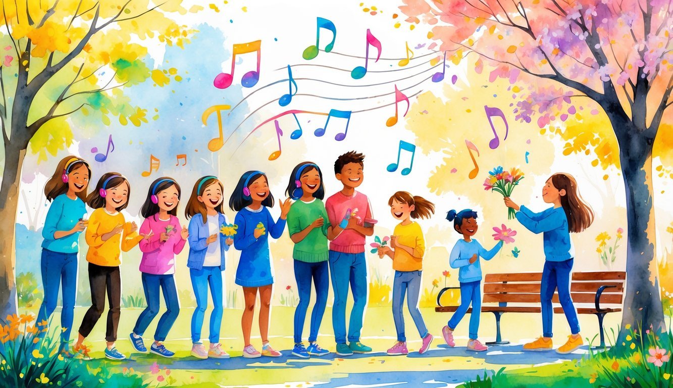 People happily sharing music, giving flowers, playing, and leaving positive notes in a sunny park filled with trees.