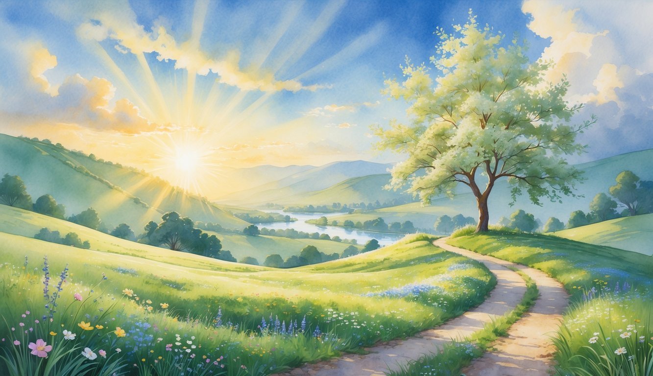 A peaceful path winding uphill through a meadow with wildflowers, a blossoming tree beside it, and a bright sunrise in the sky.