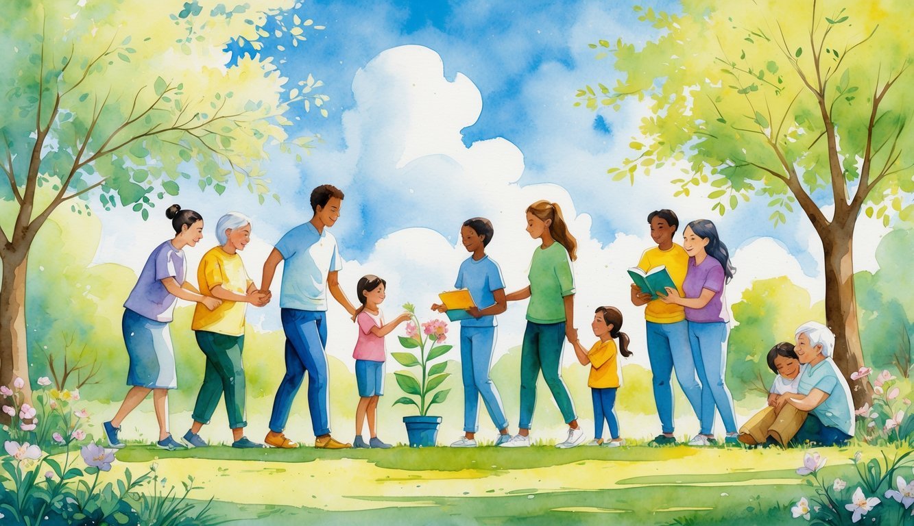 A group of diverse people in a park showing kindness by helping each other, planting flowers, sharing food, reading, and smiling together under trees on a sunny day.