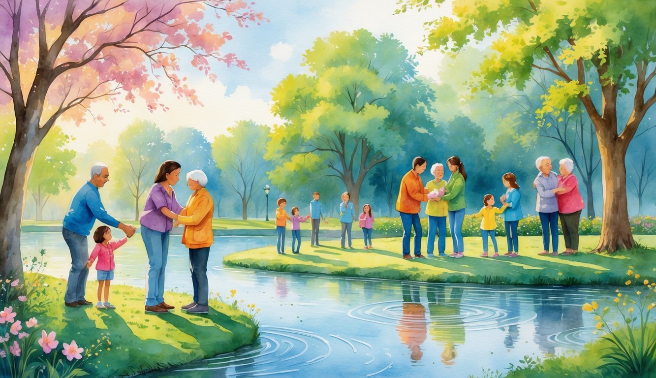 A diverse group of people in a park by a river, helping and caring for each other with trees and sunlight around them.