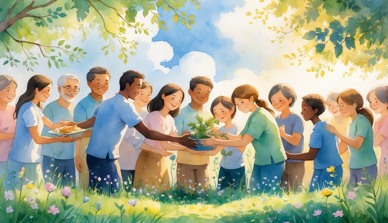 A group of people of different ages and backgrounds happily interacting in a sunlit meadow surrounded by flowers and trees.