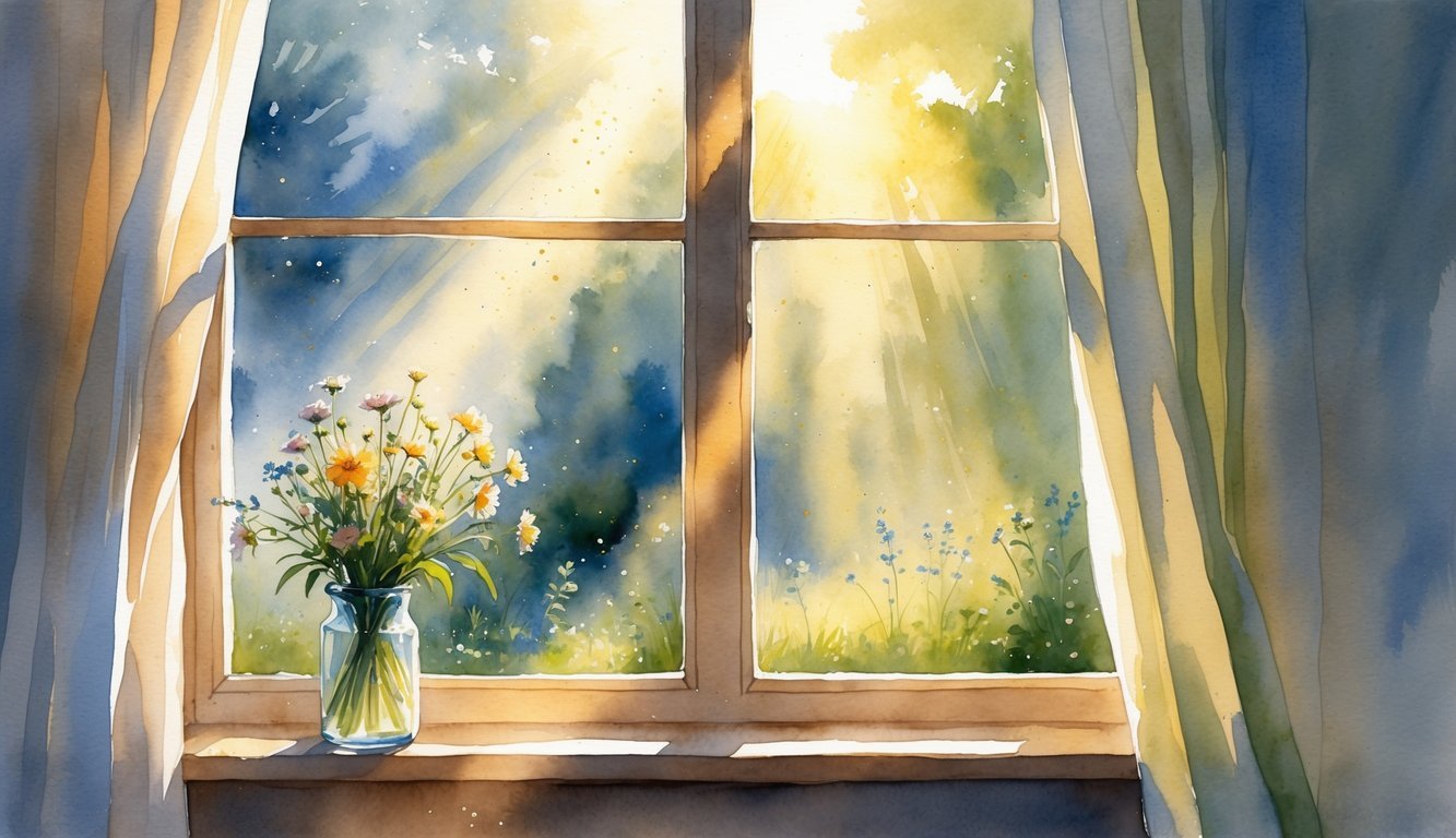 Morning sunlight shines through a window onto a windowsill with wildflowers and a peaceful garden outside.