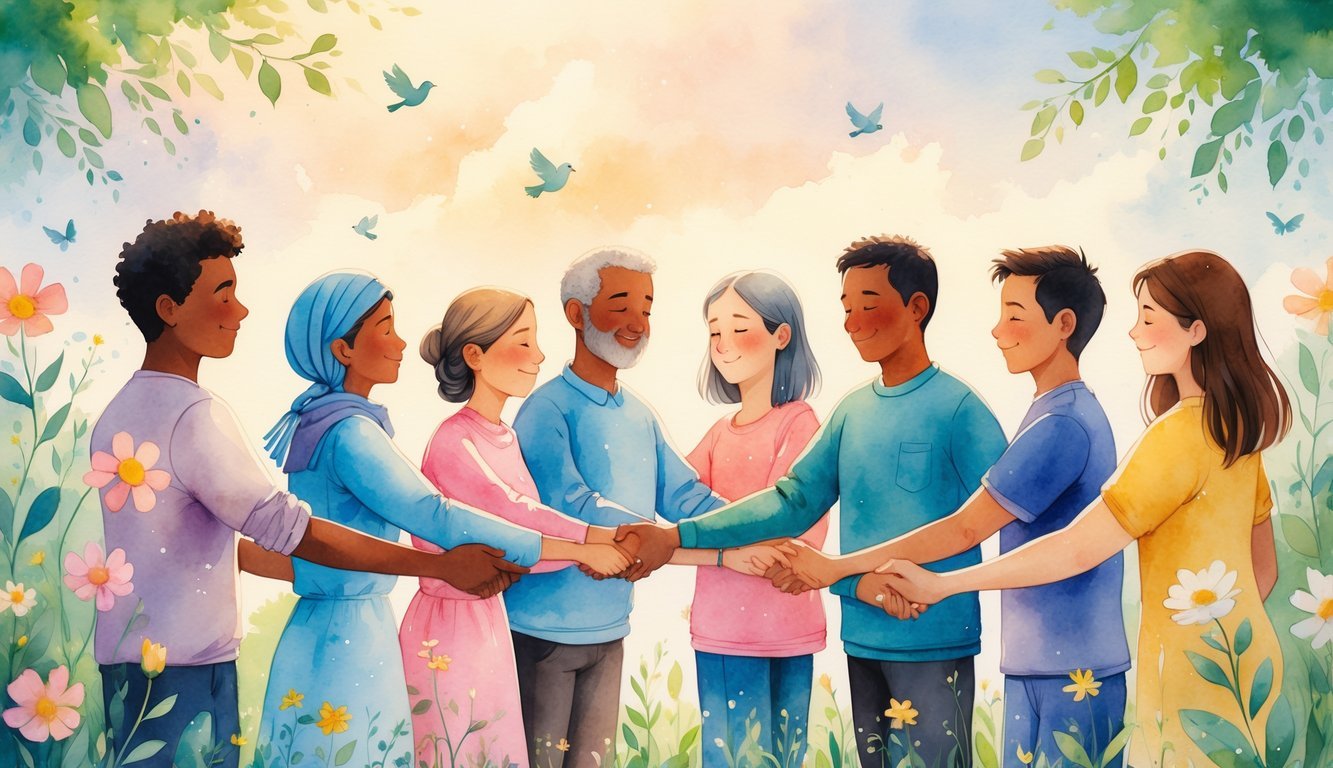A group of diverse people holding hands in a circle outdoors surrounded by flowers and birds, showing kindness and unity.
