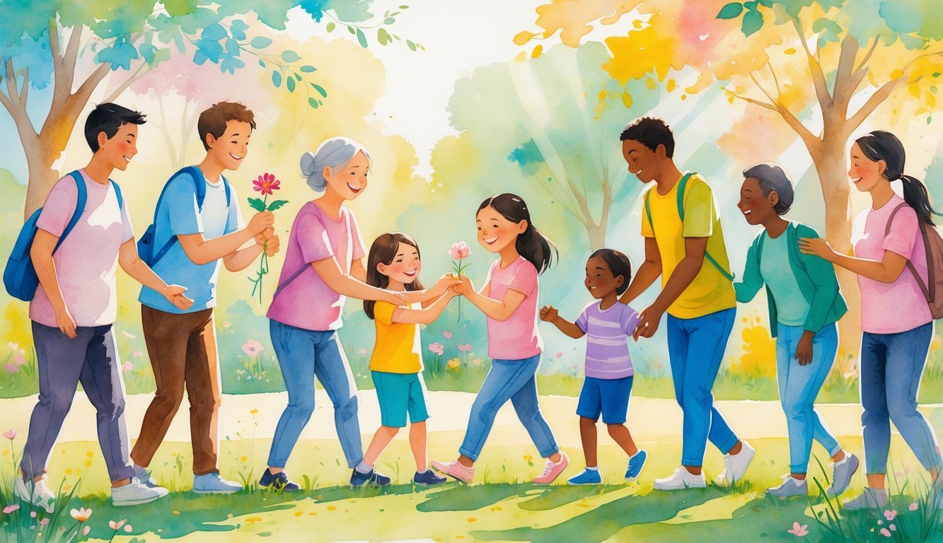 A group of diverse people in a park sharing kind moments, smiling, and supporting each other under sunlight and trees.