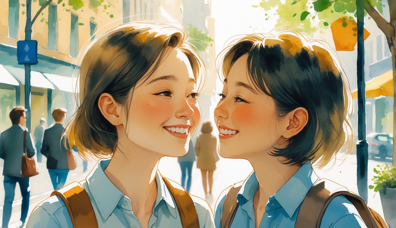 Two strangers sharing a genuine smile on a busy city street with people walking by and trees in the background.