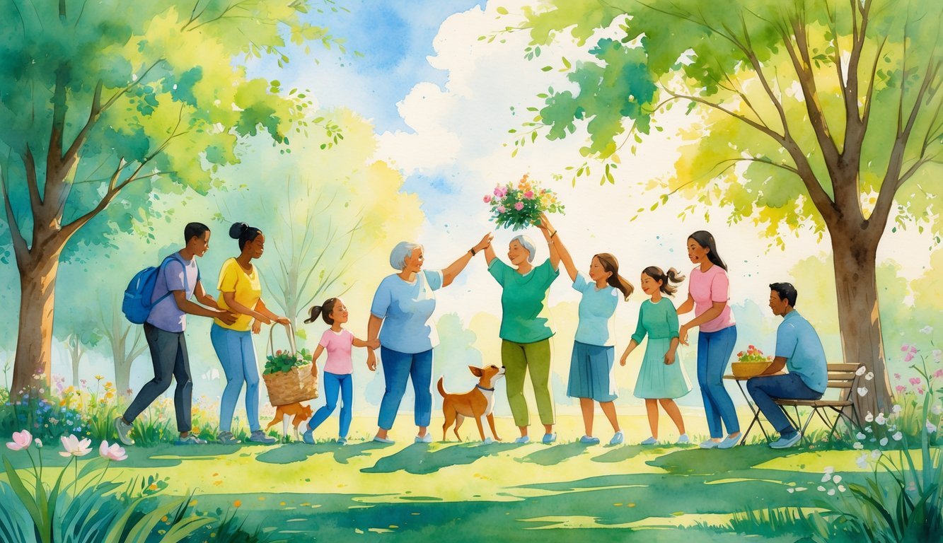 A group of diverse people in a sunny park helping each other, playing, and sharing a picnic surrounded by trees and flowers.