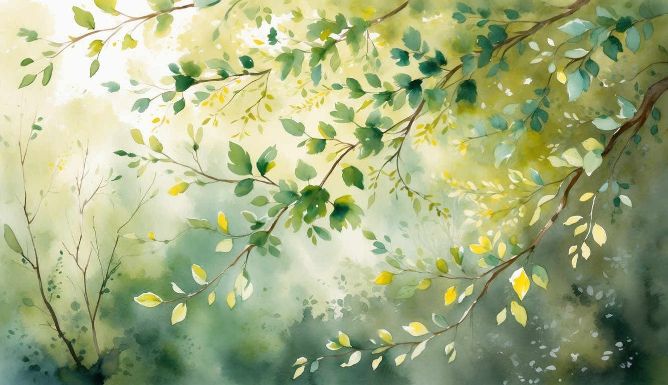 Close-up view of green leaves gently moving on tree branches in a sunlit forest.