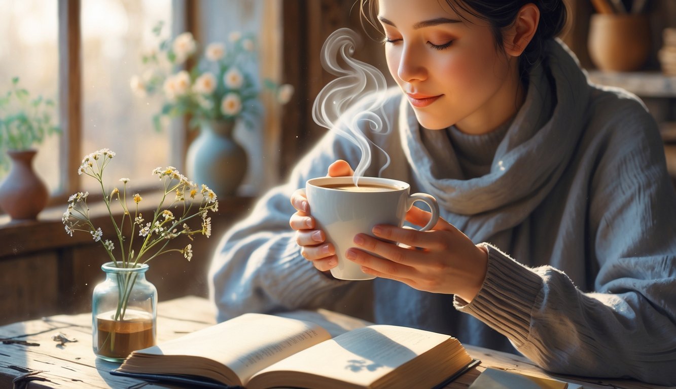 A person holding a steaming cup near their face with eyes closed, sitting at a wooden table with flowers and an open book in a cozy room.