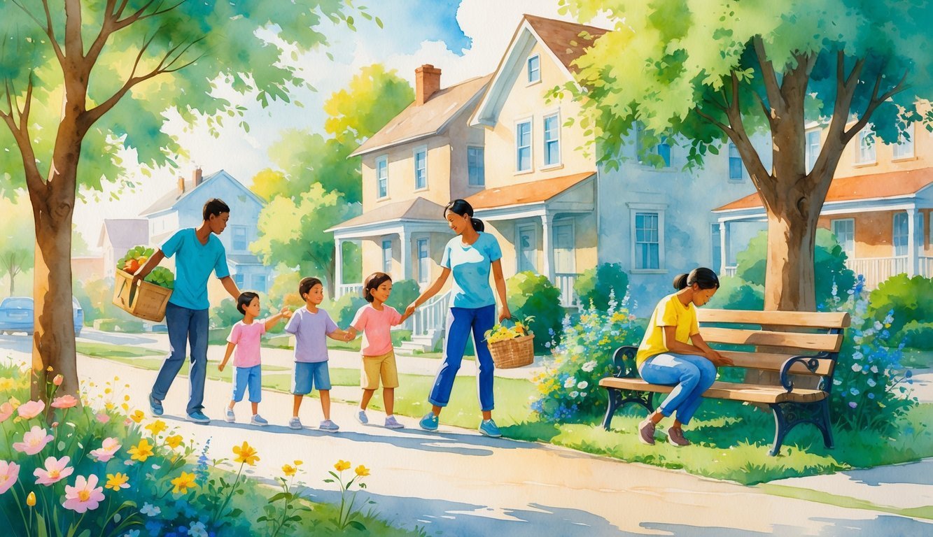 A group of people helping each other and showing kindness in a neighborhood park with trees, flowers, and houses.