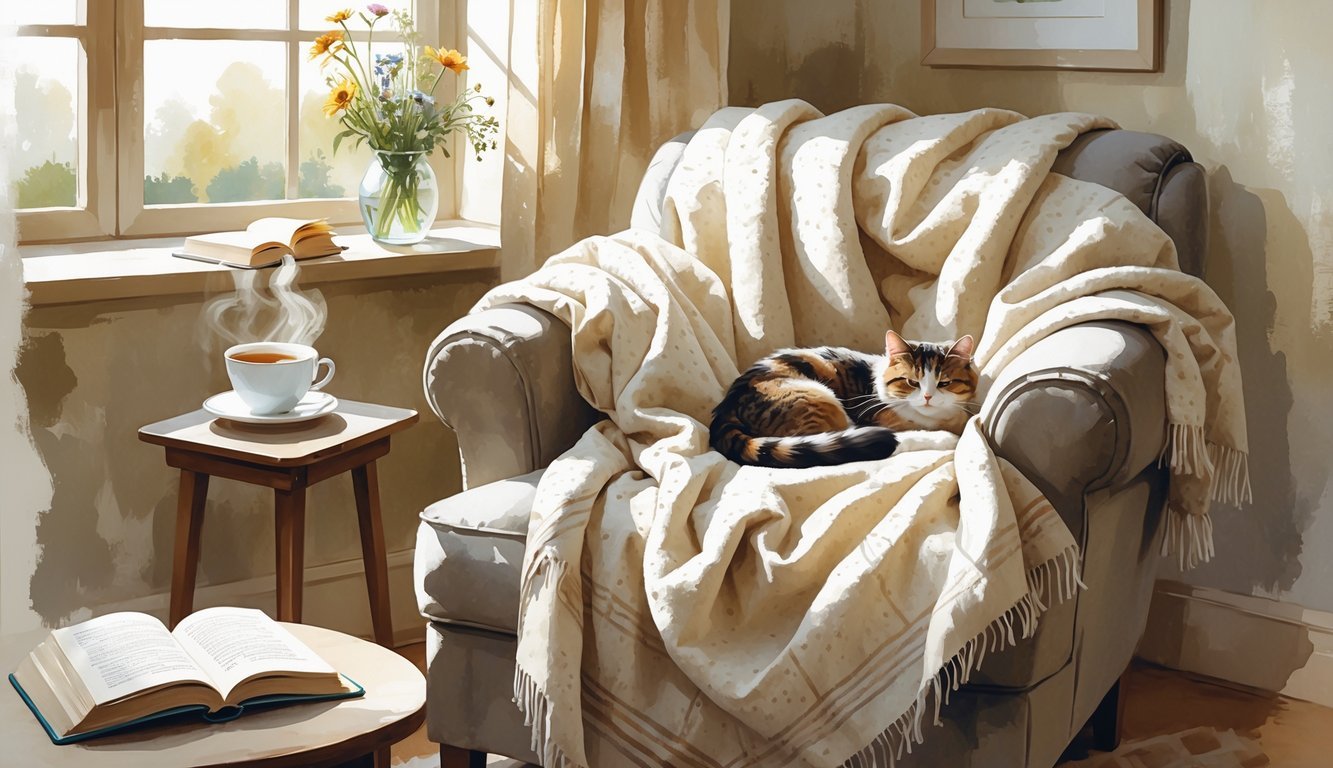 A cozy scene with a soft blanket draped over an armchair near a window, a cup of tea on a side table, an open book, a vase of wildflowers, and a cat sleeping on the blanket.
