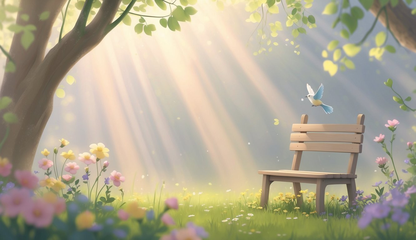 A peaceful garden with a wooden bench surrounded by blooming flowers and a bird perched on a branch in soft morning light.