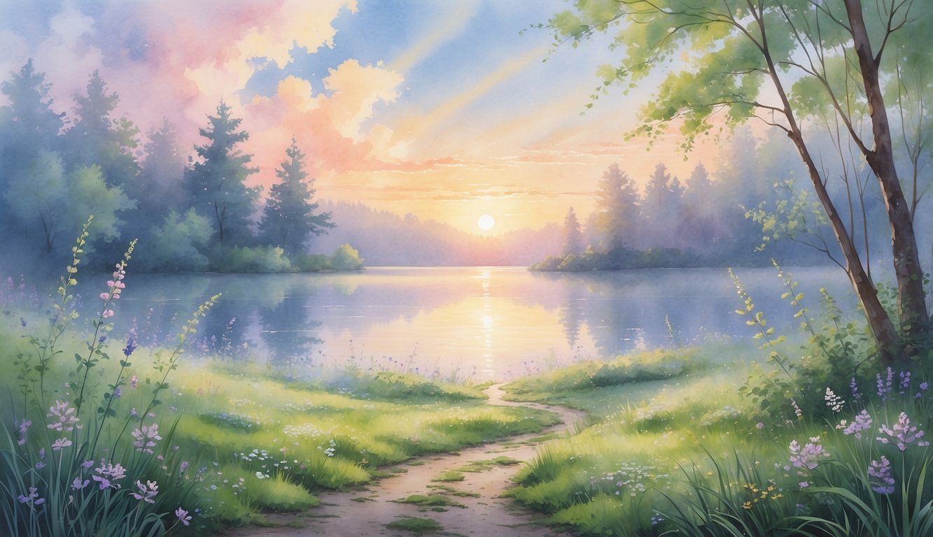 A peaceful sunrise over a calm lake with a winding path through a meadow of wildflowers and trees.