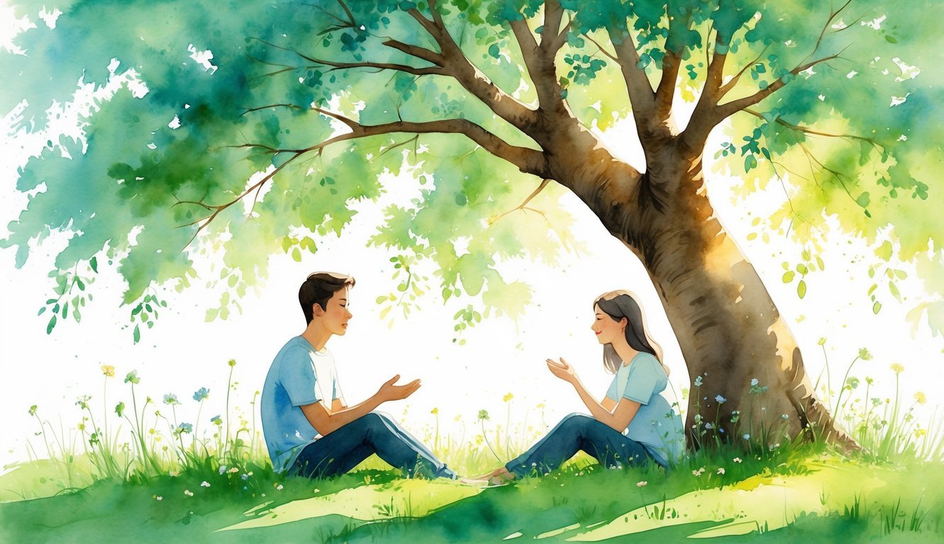 Two people sitting outdoors under a tree, one listening attentively to the other in a peaceful setting.