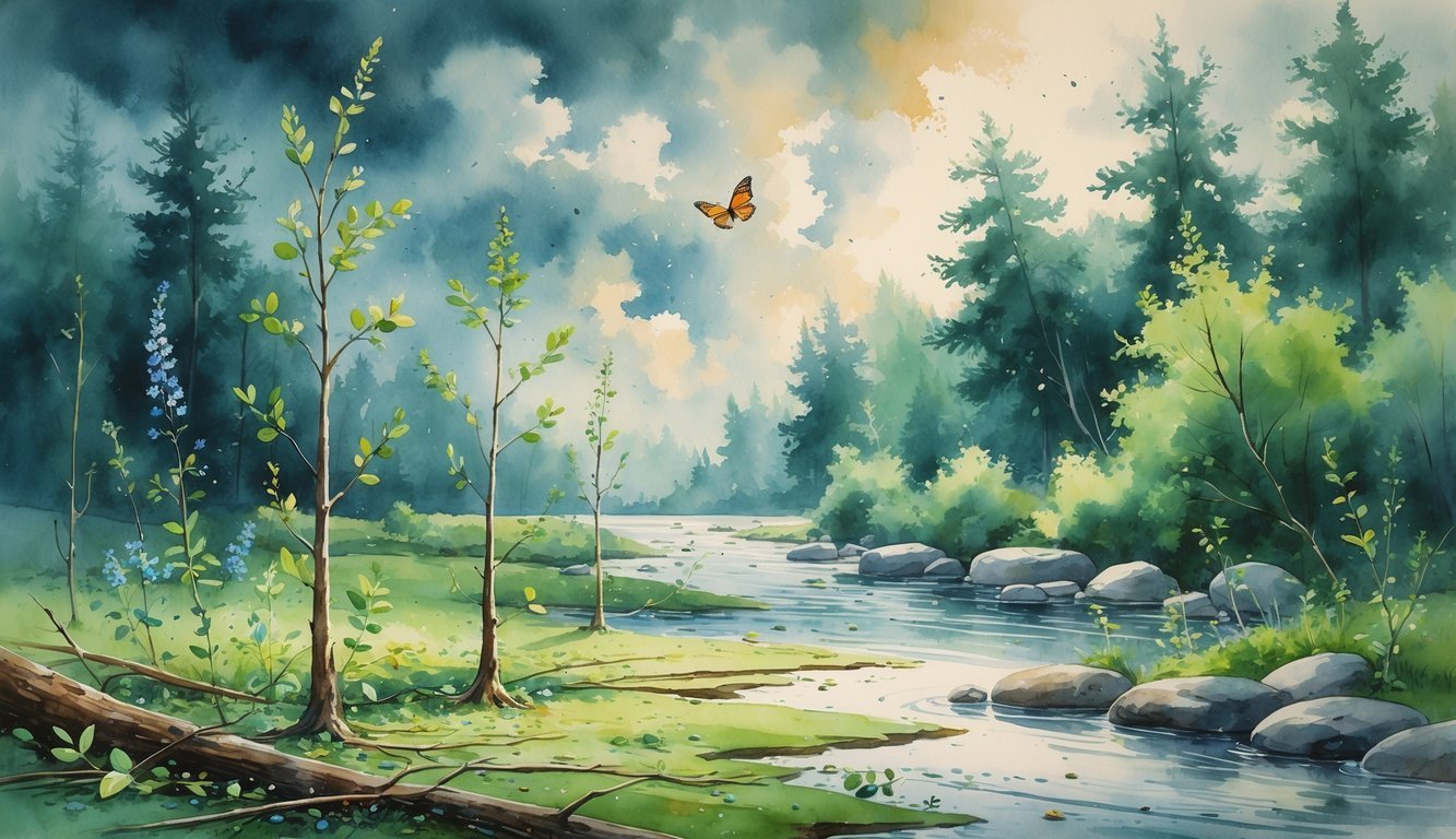 A forest scene showing young plants growing among fallen branches with a river flowing nearby and a butterfly emerging on a branch.