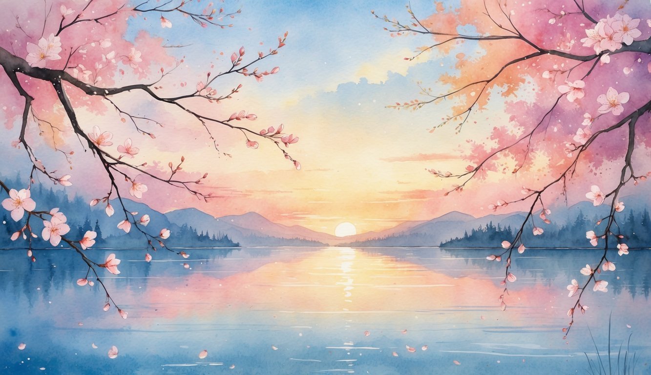 A peaceful sunrise over a calm lake with cherry blossom branches and distant mountains in the background.