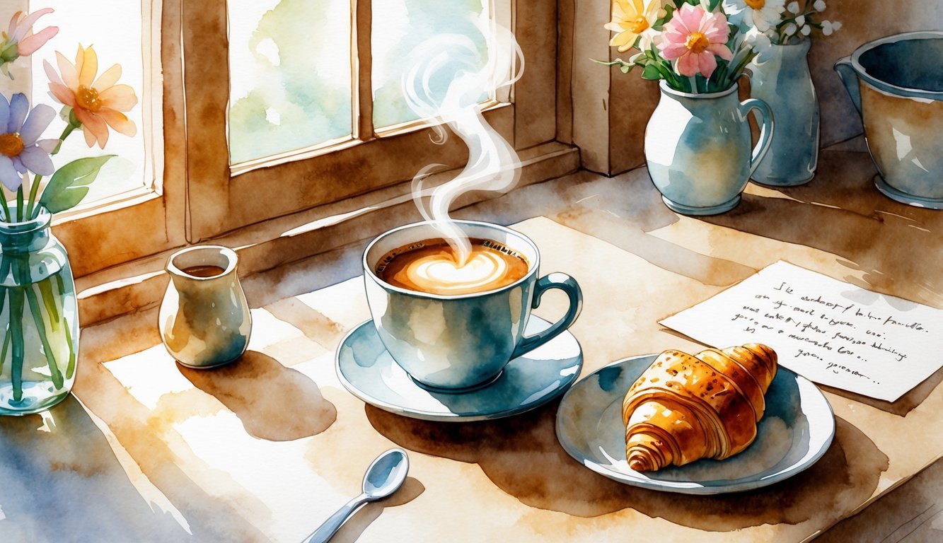 A cozy kitchen table with a steaming cup of coffee, a plate of snacks, fresh flowers in a vase, and a handwritten note nearby.