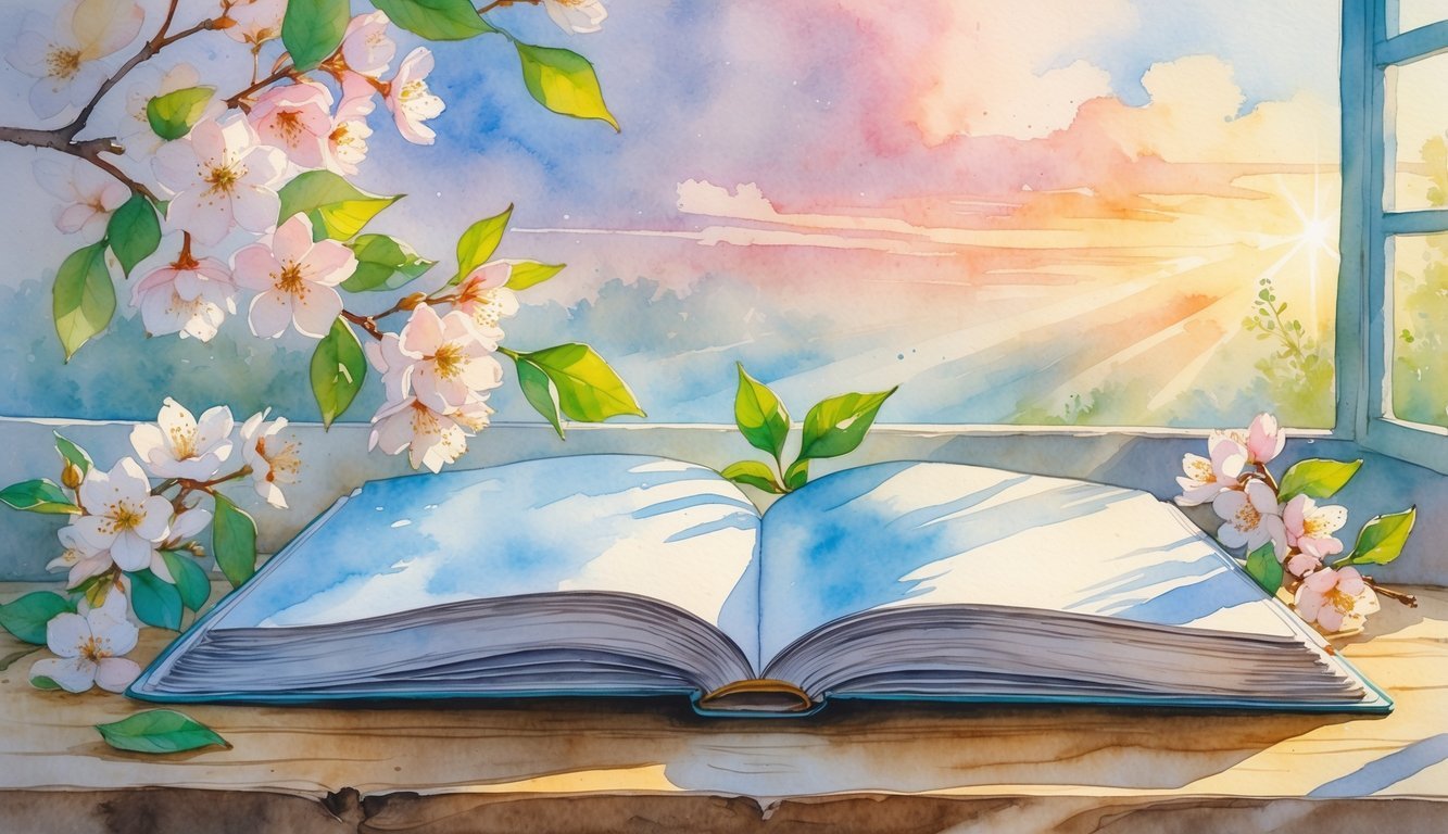 An open blank book on a wooden table with cherry blossoms and sunlight streaming through a window, symbolizing a fresh start.